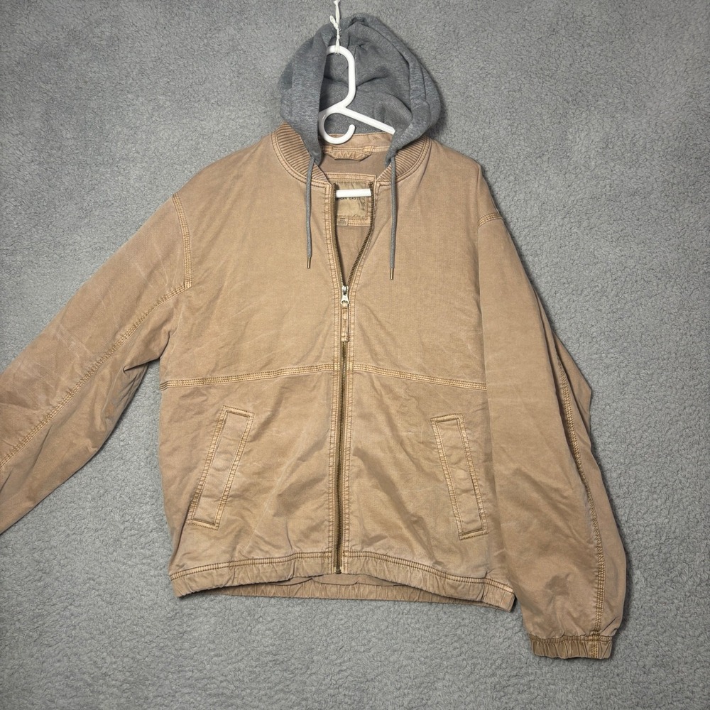 American Eagle Mens Tan Canvas Bomber Jacket Removable Hood Khaki 010-2101 M